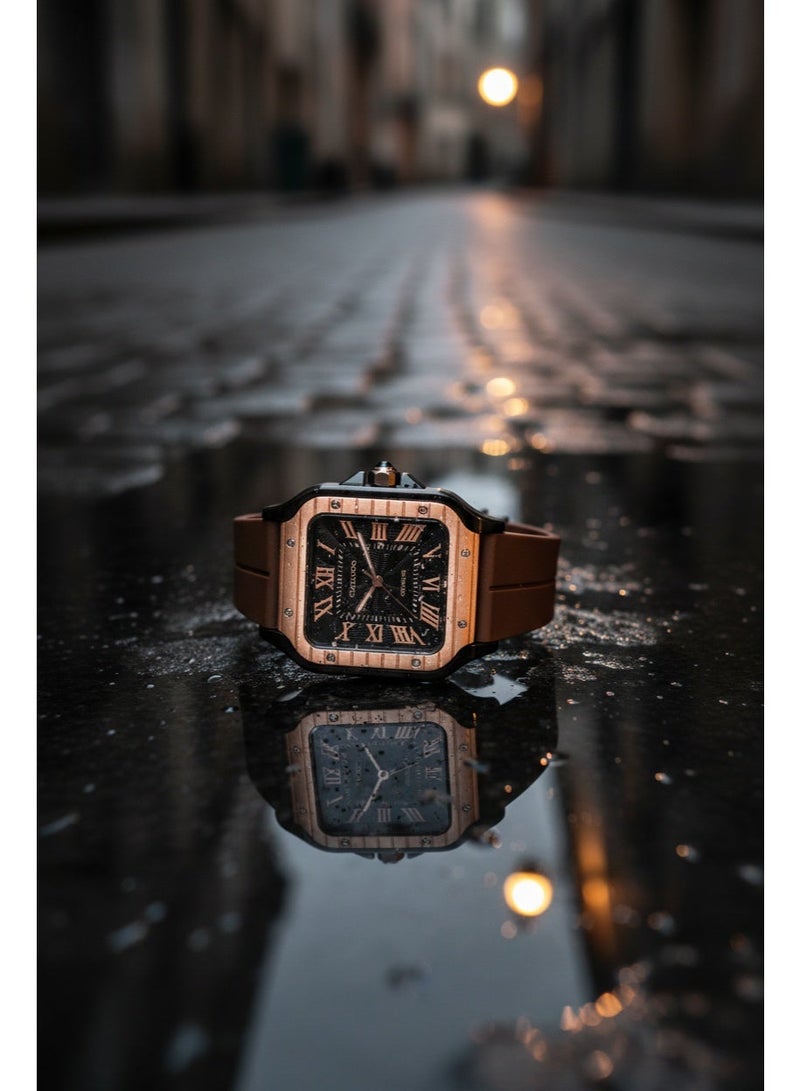 Cartier Men’s Luxury Square Wristwatch – Brown Silicone Strap with Rose Gold Frame - Image 3